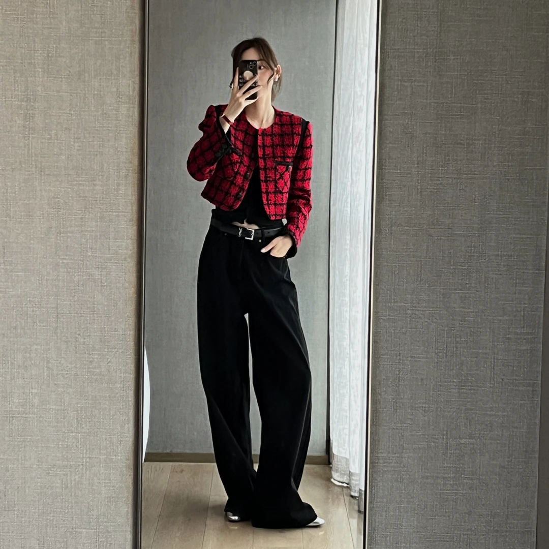 NeedShop1 黑色高腰休闲拖地阔腿牛仔裤