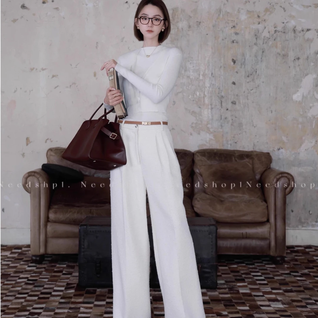 【NeedShop1】白色高腰休闲百搭直筒拖地长裤阔腿裤