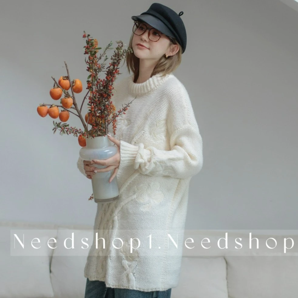 needshop1【D家定制】米白色刺绣花朵中长款毛衣