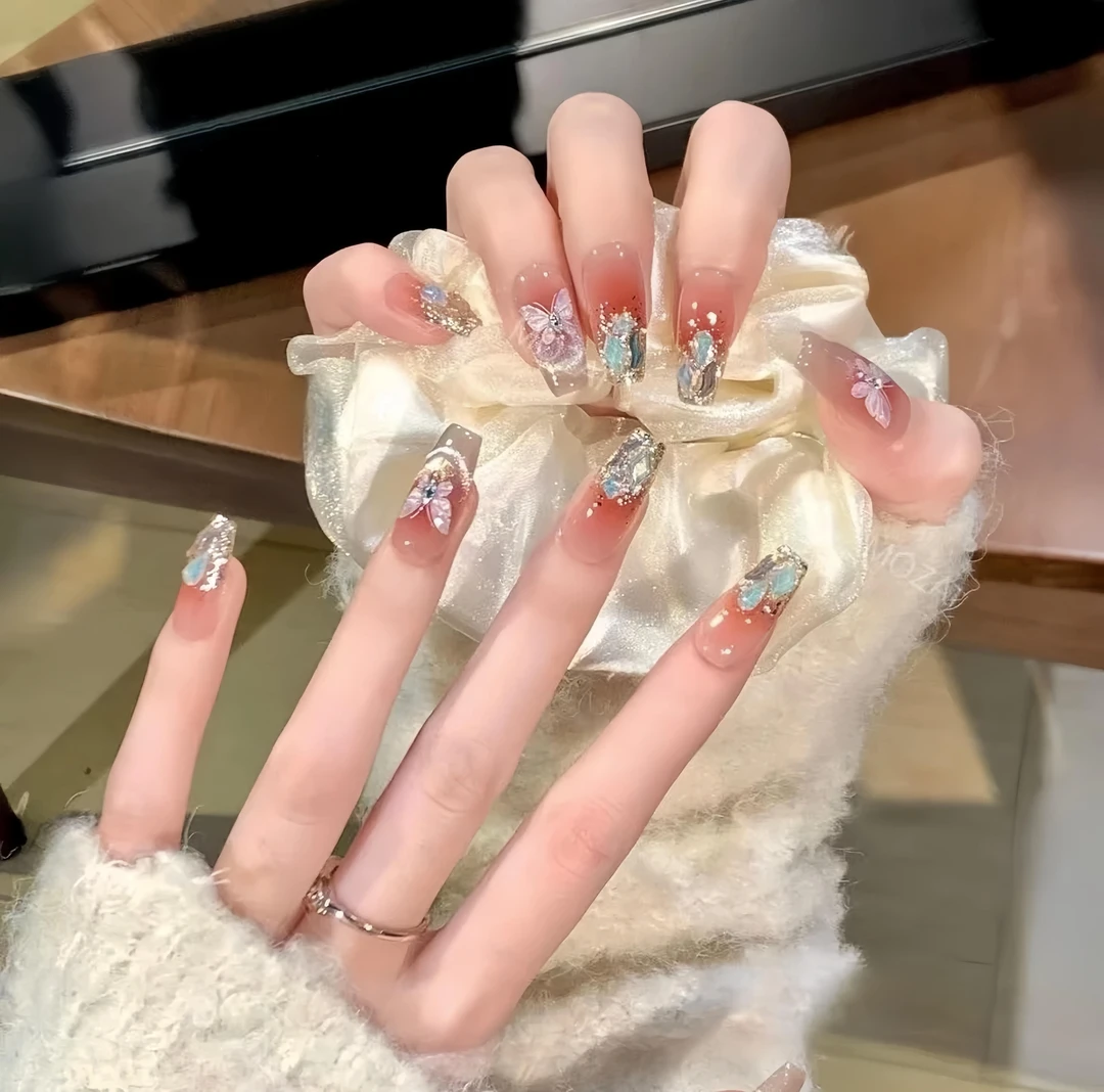 【梦蝶】法式腮红渐变蝴蝶温精灵气质微笑猫眼纯手工穿戴甲显白堆钻