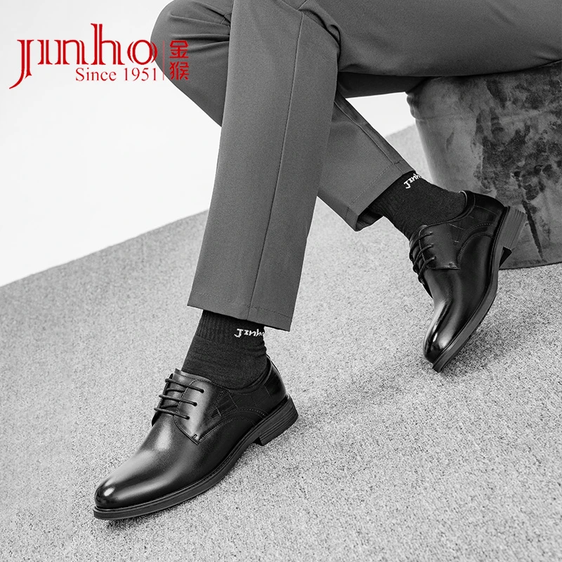 Jinho/金猴男士商务皮鞋黑色真皮透气系带休闲男士皮鞋Q20182A