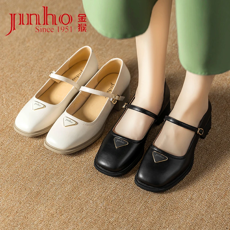 Jinho/金猴新款方头玛丽珍女鞋粗跟浅口一字带百搭女单鞋SQ59127A