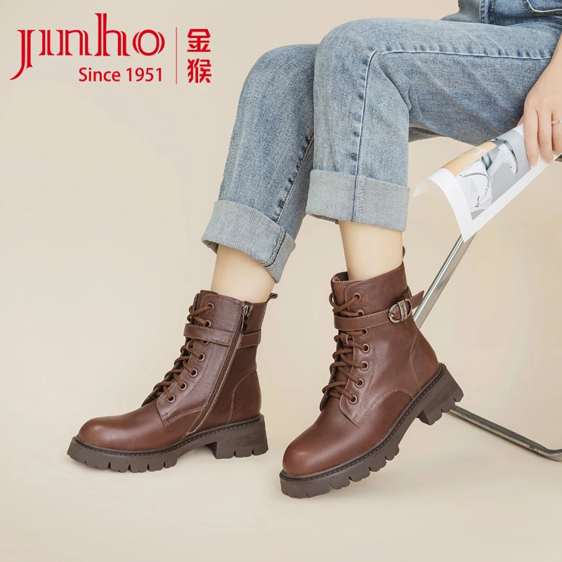 Jinho/金猴真皮百搭英伦风马丁靴冬季加绒复古女鞋SQ49113A