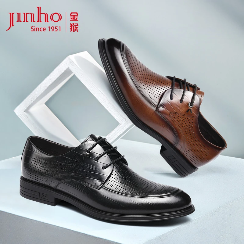 Jinho/金猴夏季镂空皮鞋商务正装系带透气男士牛皮德比鞋圆头男鞋