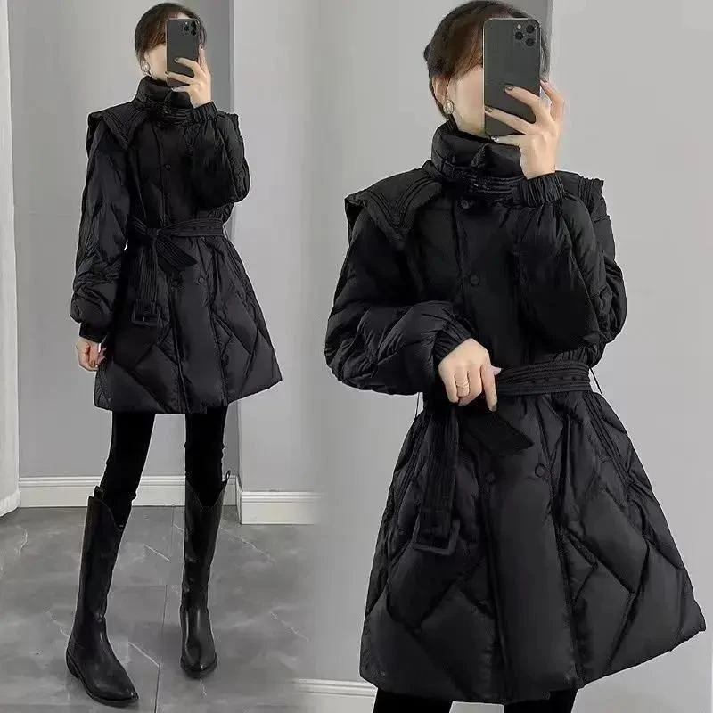 2023新款女装冬季修身收腰中长款羽绒服女黑色显瘦双排扣立领外款