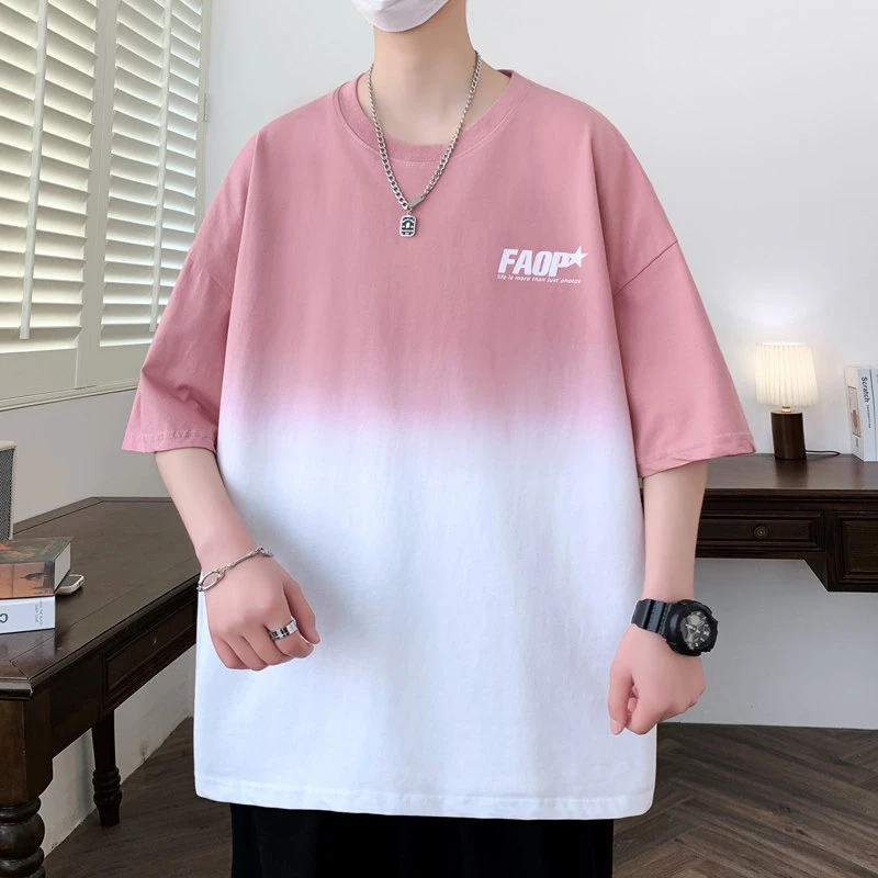 短袖T恤男宽松上衣新款圆领渐变色晕染青年学生显白时尚13岁15岁T