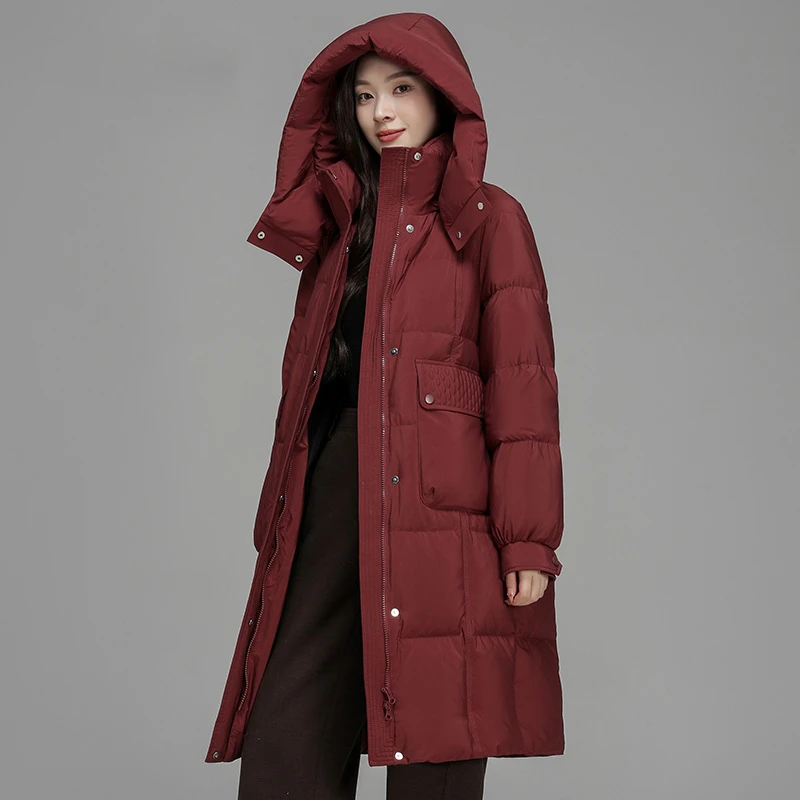 大牌【极寒系列】双口袋菱形格中长款羽绒服女士连帽冬季外套加厚