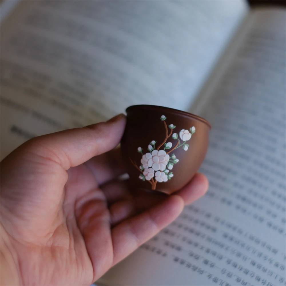 紫砂杯手工手制全手泥绘樱灿如云紫砂杯主人杯40cc