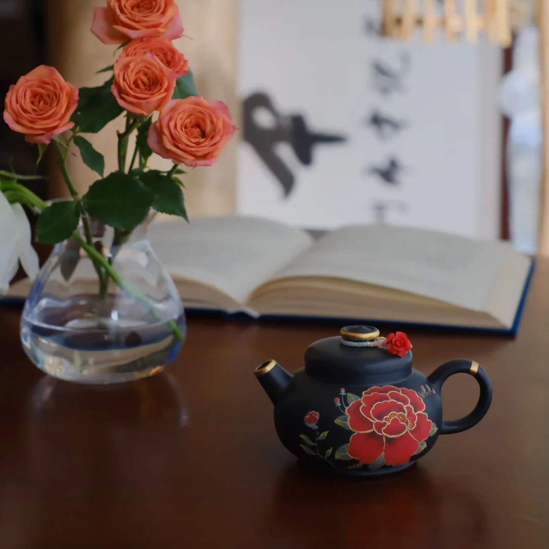 大碗茶器 【牡丹盛红】牡丹潘壶黑珍珠描金宜兴原矿紫砂壶150cc