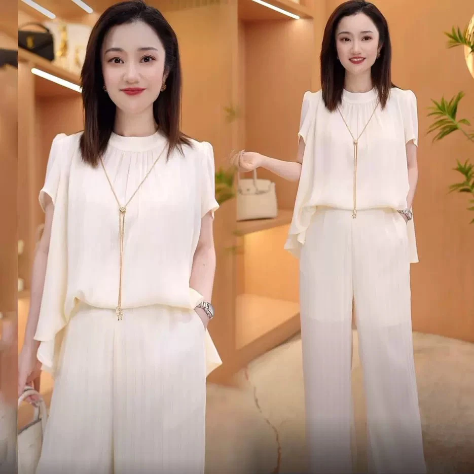 时尚套装女夏季新款宽松遮肚子短袖上衣拉链连体裤气质两件套