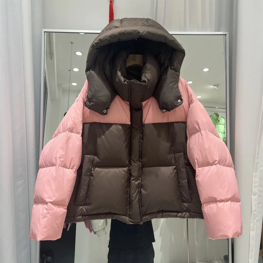 【白鸭绒】羽绒服女新款短款连帽拼接撞色加厚面包白鸭绒宽松外套