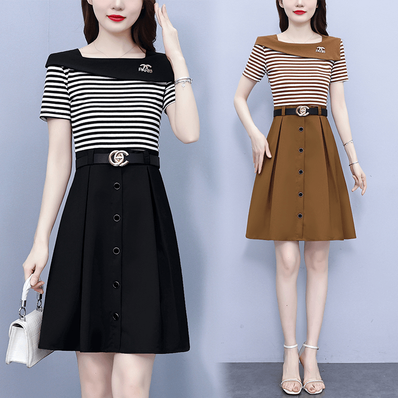 设计感小众方领拼接条纹假两件连衣裙女2023夏季气质时尚显瘦裙子