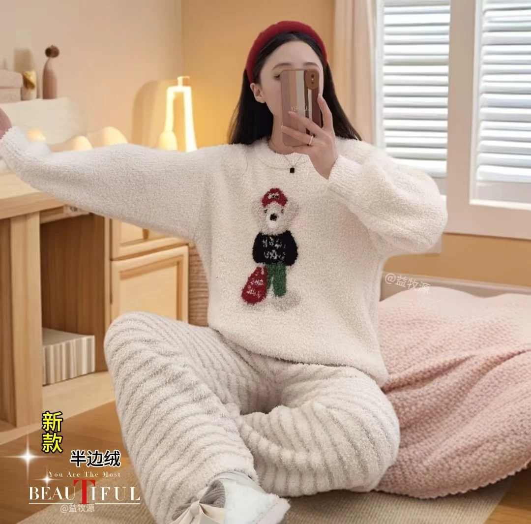 秋冬新款条纹小熊半边绒睡衣女冬季甜美女士可外穿保暖家居服套装