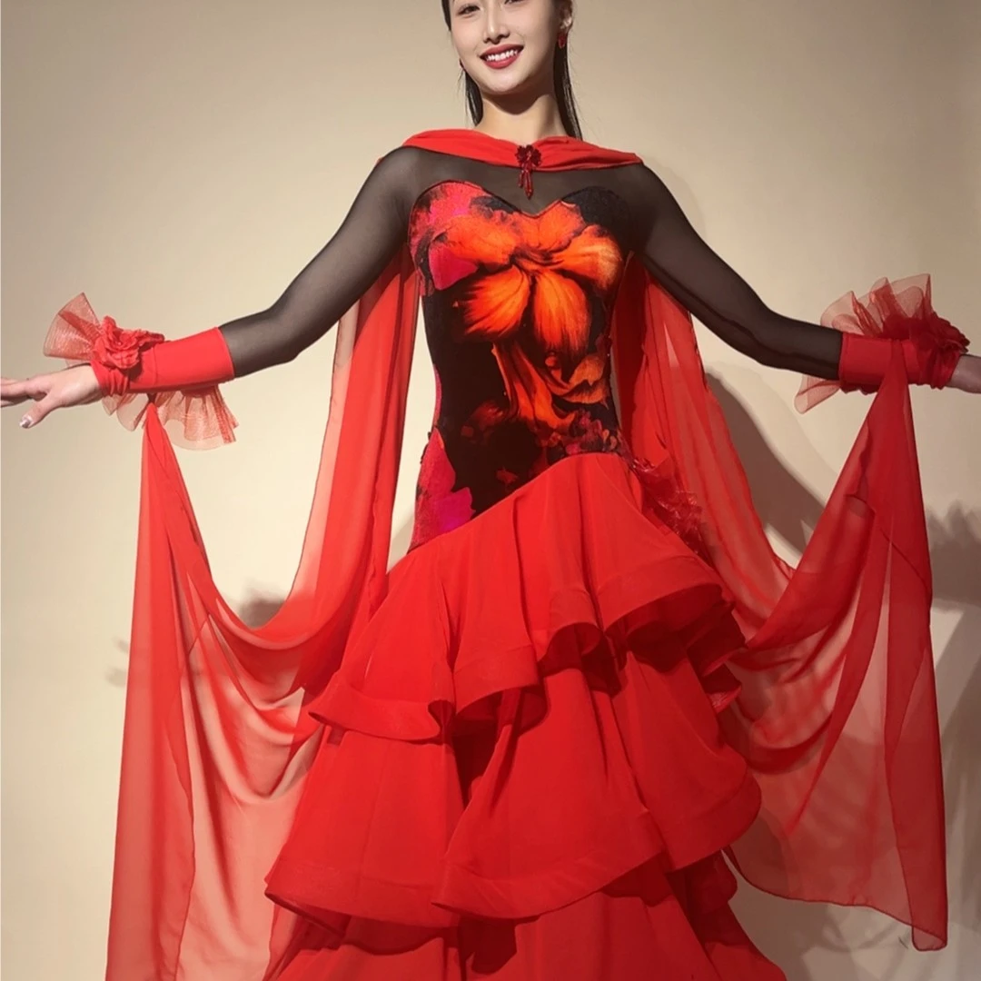 YRSS舞服♥新款黑色豹纹摩登连体印花修身摩登拉丁裙