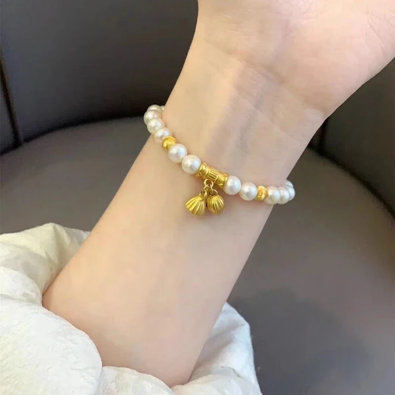 黄金999足金弯管两世欢手链硬金转运珠珍珠手串送女友