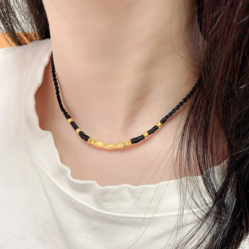 黄金竹节弯管项链男女999足金步步高升锁骨链编织吊坠