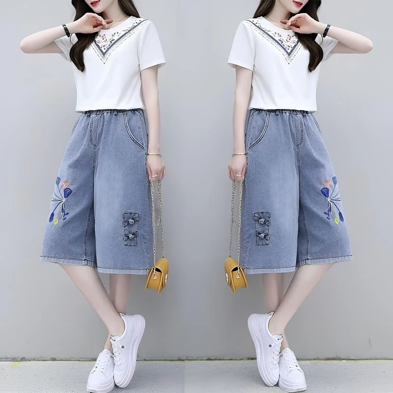 夏季薄款七分裤女2025新款大码松紧腰宽松直筒阔腿休闲刺绣牛仔裤