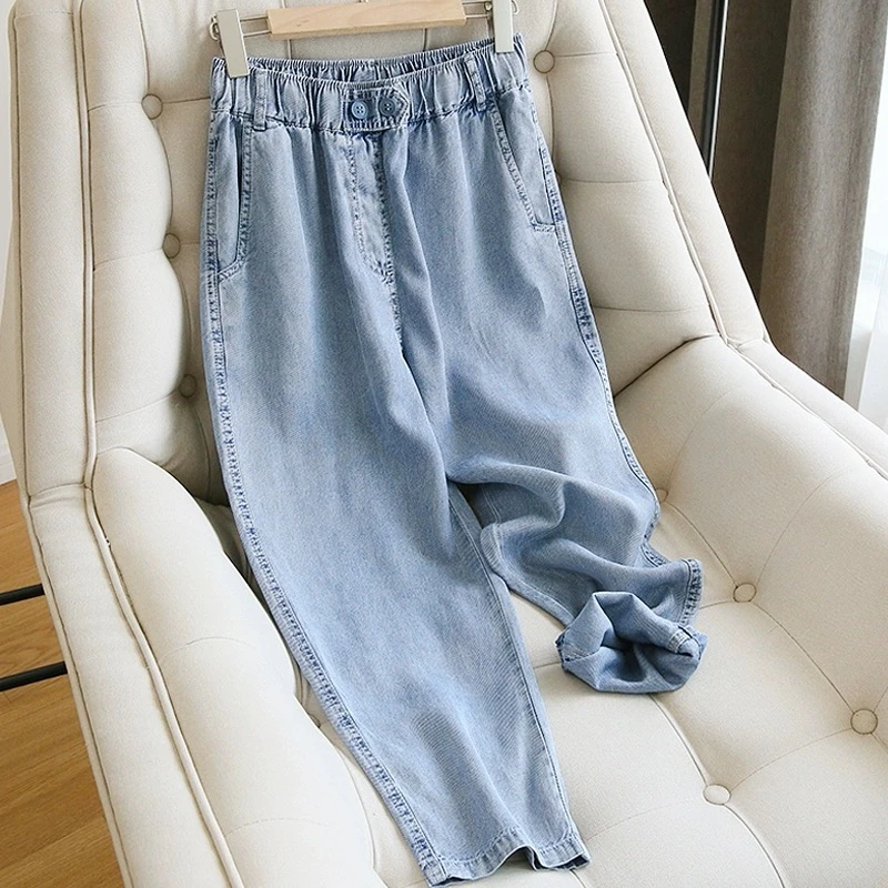夏季薄款天丝阔腿牛仔裤女松紧高腰宽松遮肉百搭显瘦哈伦老爹裤子