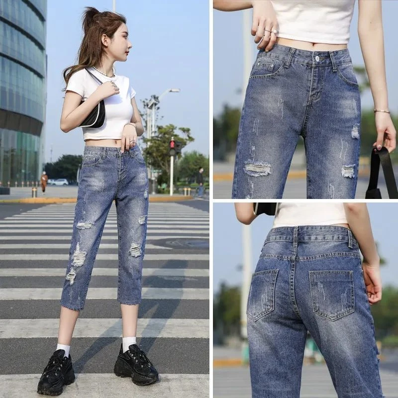 夏季薄款时尚气质高腰宽松显瘦休闲百搭直筒阔腿七分破洞牛仔裤女