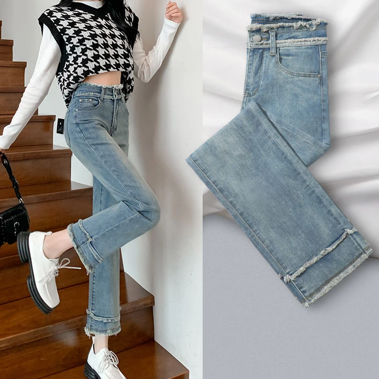2024夏季新款小个子设计感小众薄款高腰显瘦百搭复古直筒牛仔裤女