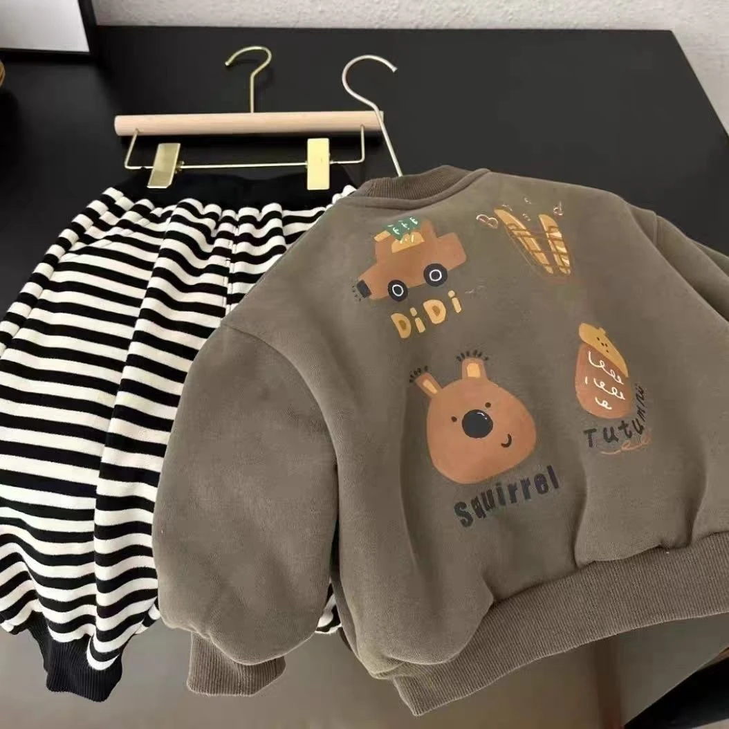 新款上新热销儿童加绒加厚卫衣套装2023新款韩版男女童保暖可爱卫