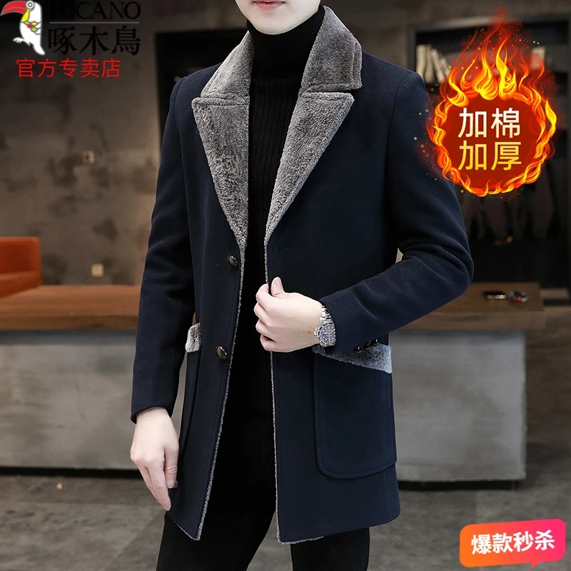 啄木鸟爆款加棉加厚大码中长款呢子大衣风衣外套男士加绒
