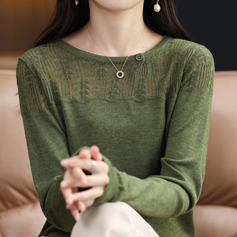 精纺羊毛针织衫女士镂空打底衫圆领薄款长袖毛衣洋气女装内搭上衣