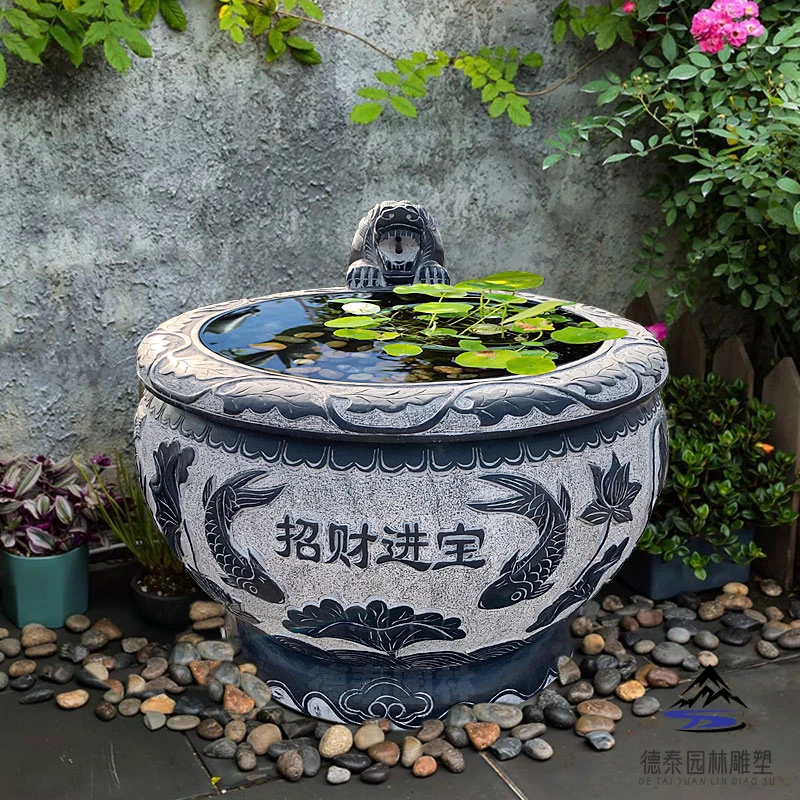 天然青石雕刻花盆鱼缸荷花缸中式复古艺术景观摆件加工庭院花园