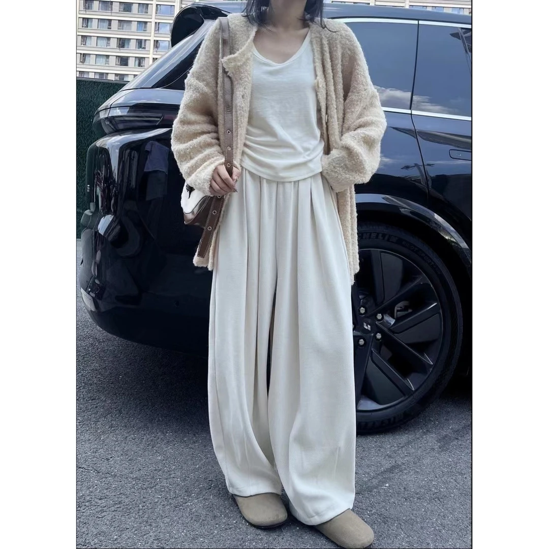 白色阔腿裤女春秋季2024新款高腰垂感休闲慵懒风秋冬针织山本裤子