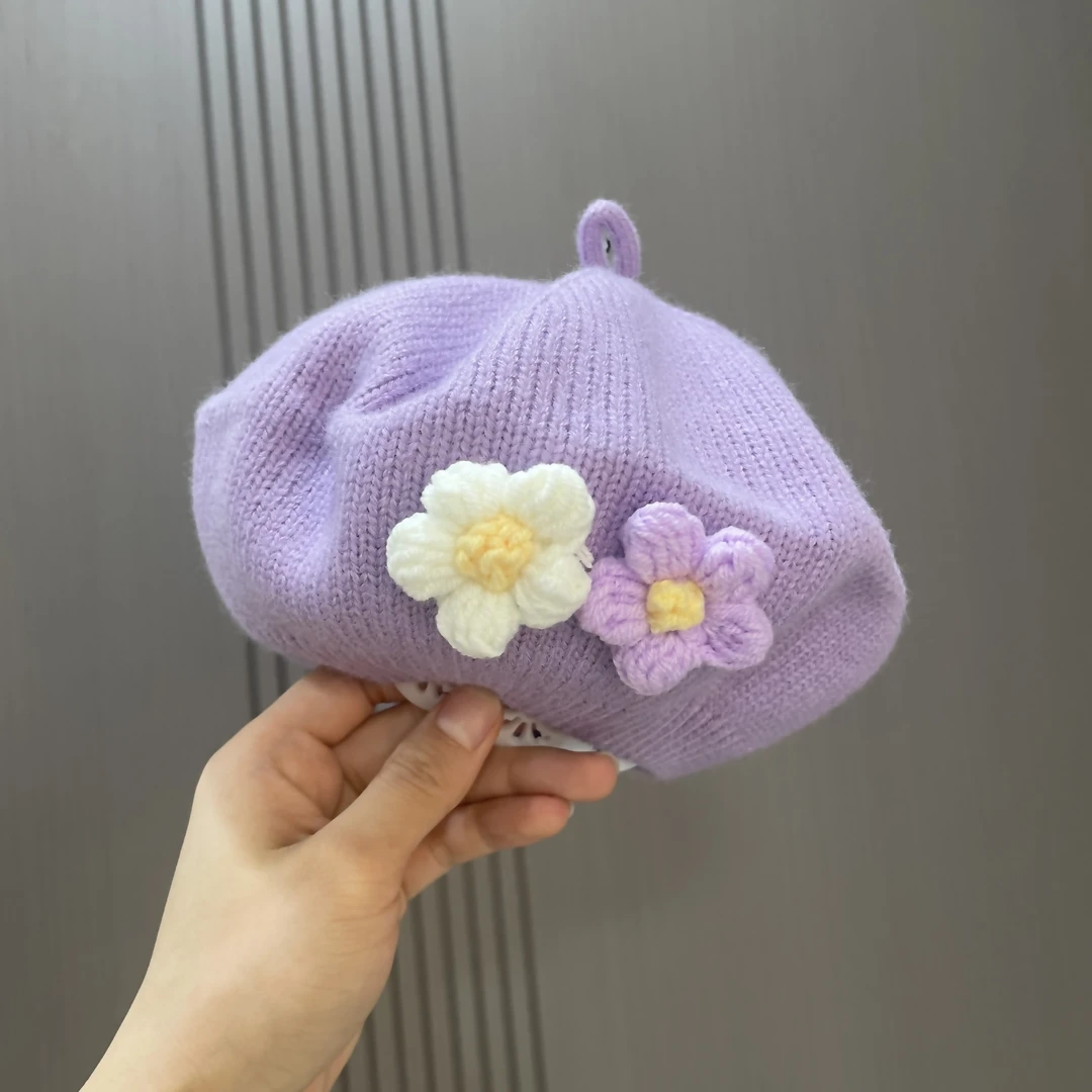 女宝宝帽子秋冬季婴儿针织贝雷帽可爱小花女童画家帽儿童毛线帽潮