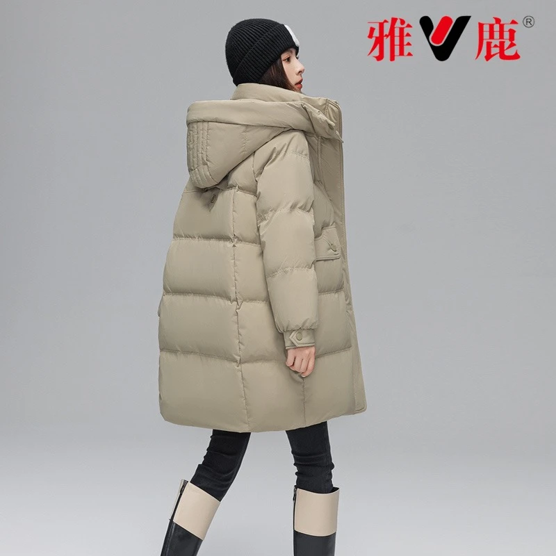 秋冬爆款正品韩版秋冬中长款羽绒服时尚宽松白鸭绒连帽小个子