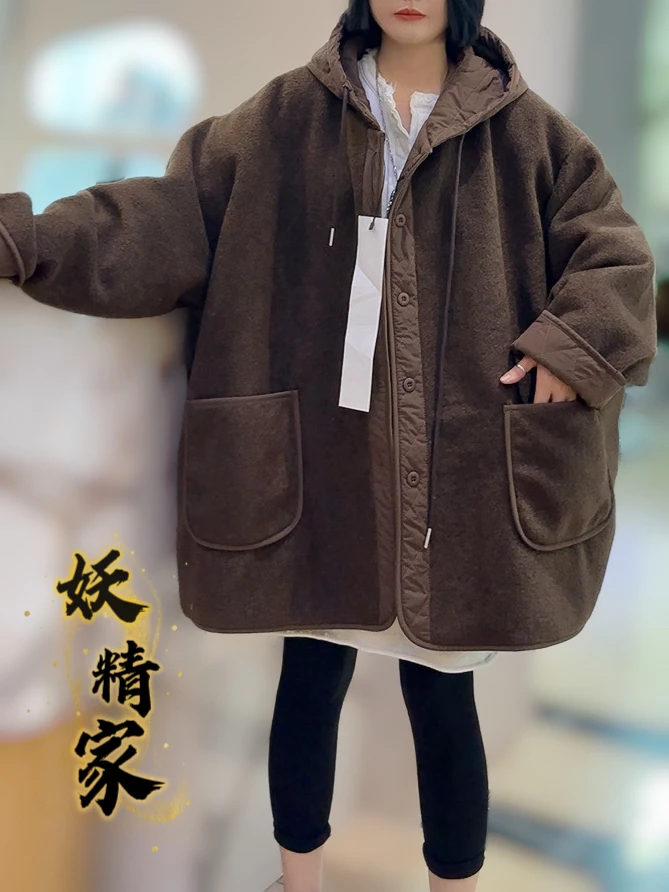 9005【妖精家】冬季加厚毛绒外套女中长款连帽假两件宽松外套