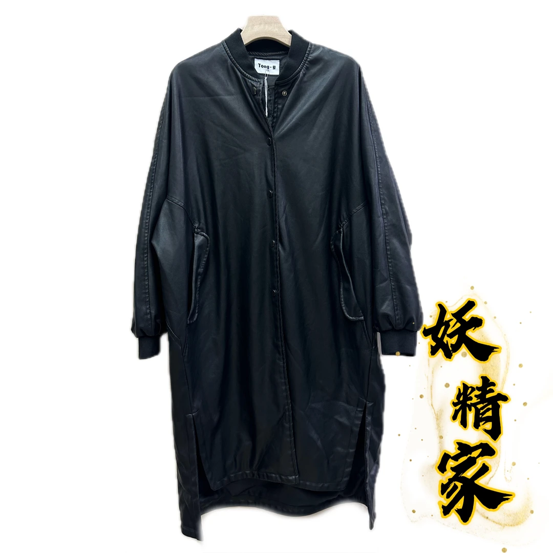 8608【妖精家】新款休闲时尚立领夹克气质百搭宽松中长款pu皮衣女潮