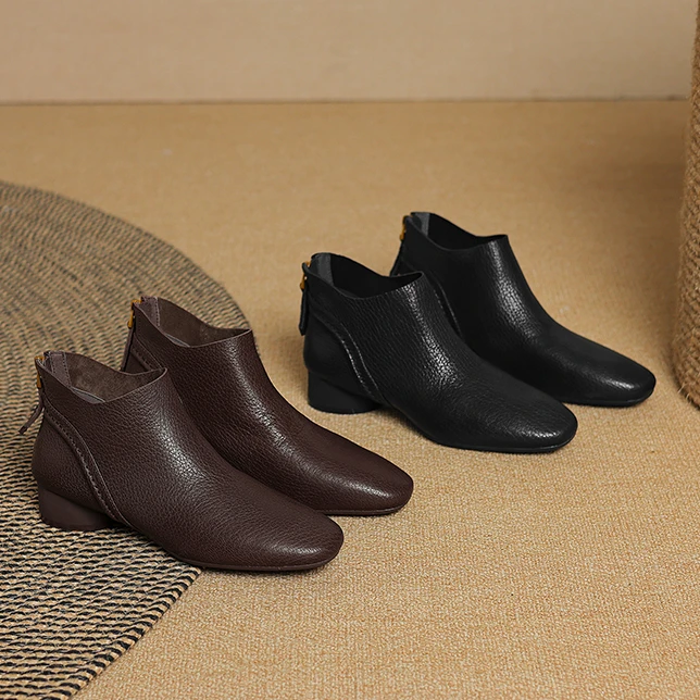 博瑞诗女靴软羊皮时尚低跟3cm2024年秋冬复古方头舒适马丁靴873