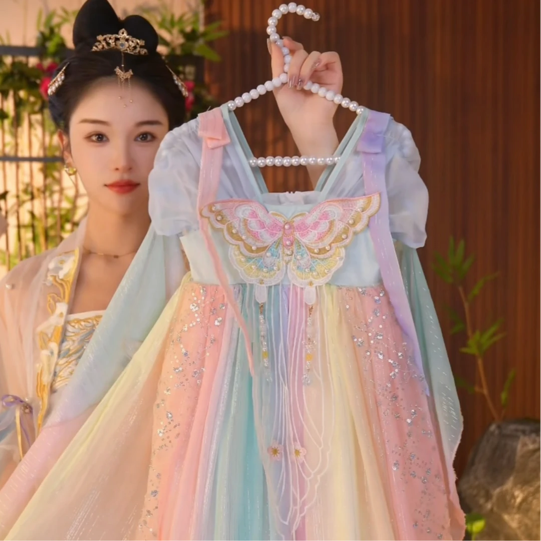 2【小蝶儿】仙子系列 夏季中国复古风仙气短袖女童绣花汉服裙葵三