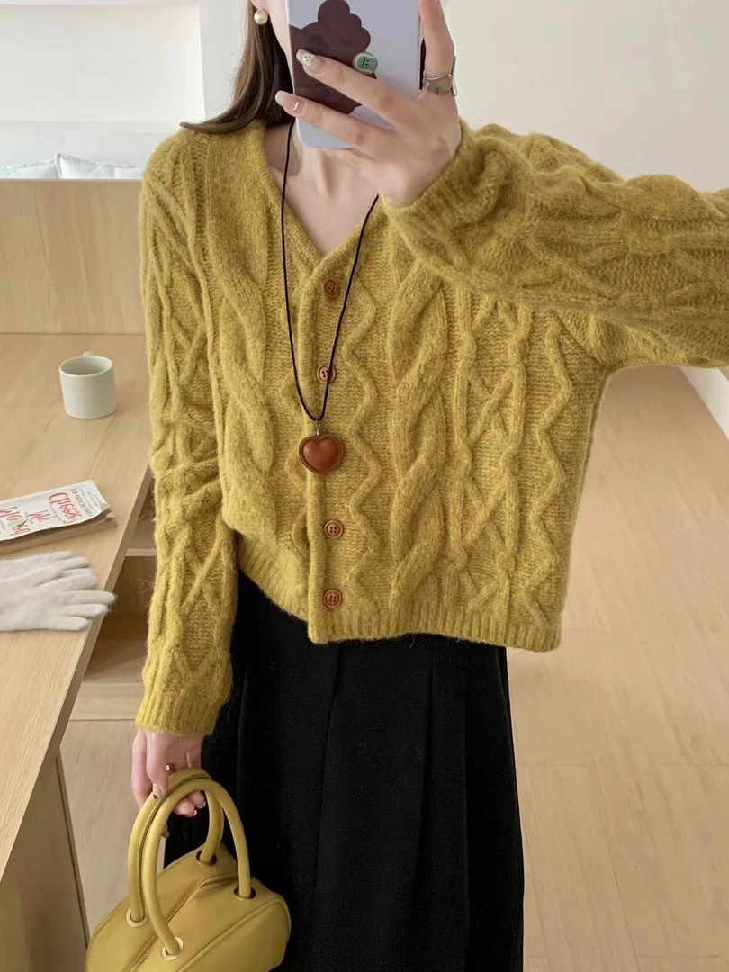 9301秋冬新款2024短款时尚百搭外穿保暖长袖针织开衫女纽扣外套女