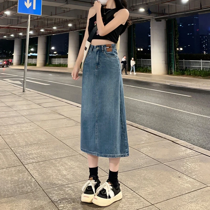 910春夏2024新款显瘦半身裙牛仔包臀裙高腰百搭复古开叉韩版A字裙