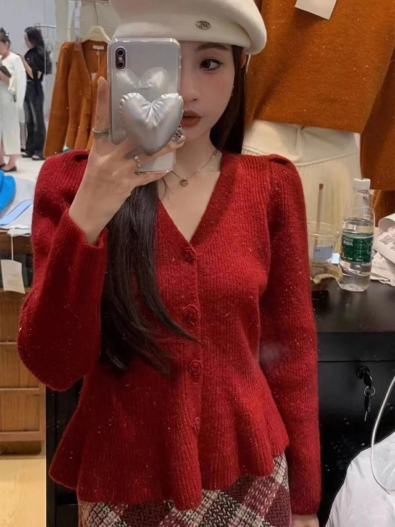 1121网红风时尚百搭外穿保暖长袖针织开衫女纽扣外套2024秋冬新款
