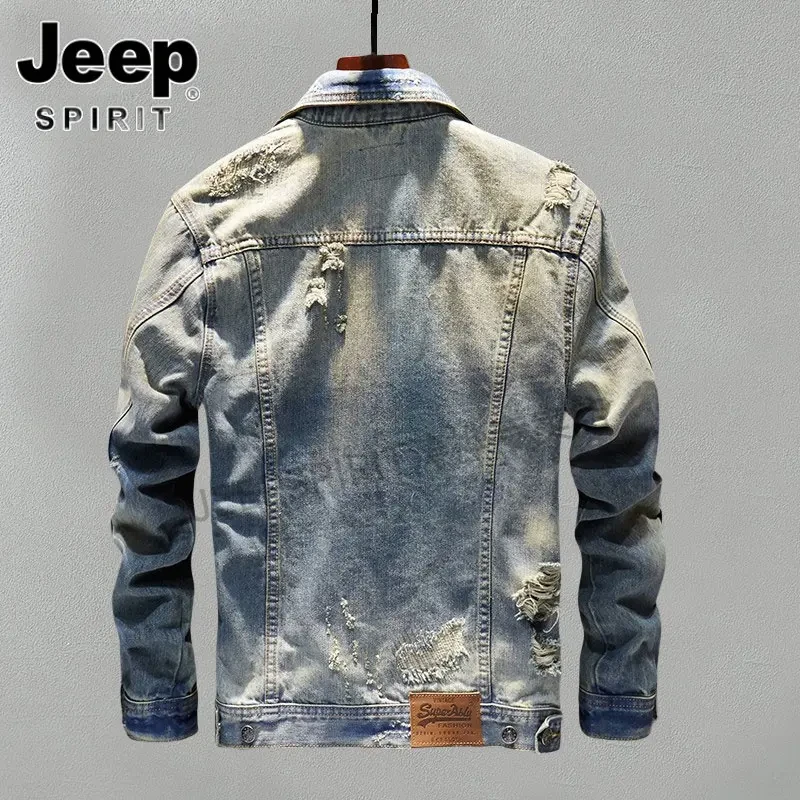 Jeep吉普高端破洞牛仔上衣男士春秋美式潮牌修身外套韩版复古夹克