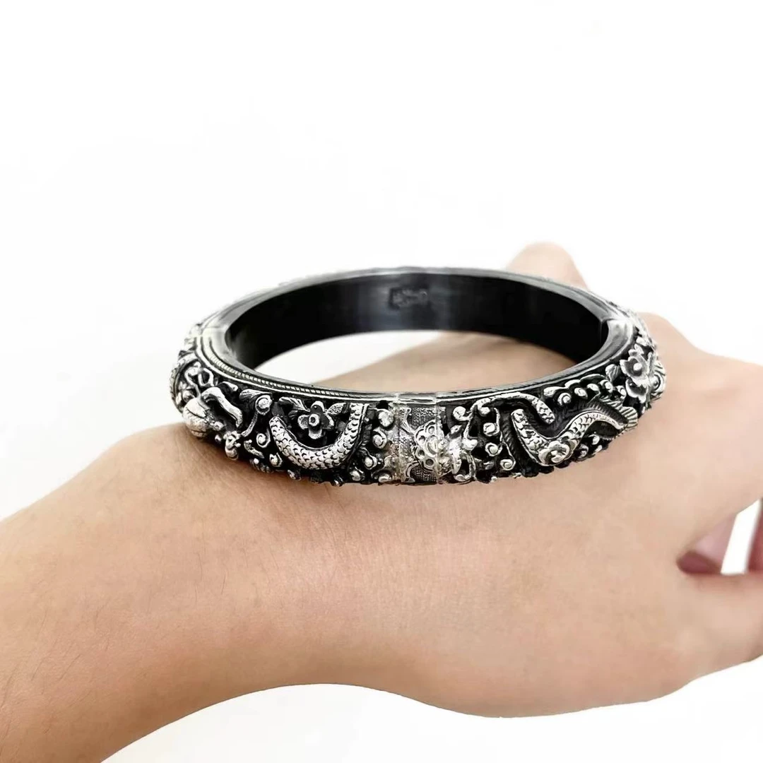 足银手镯 纯手工复古999足银浮雕手镯手饰
