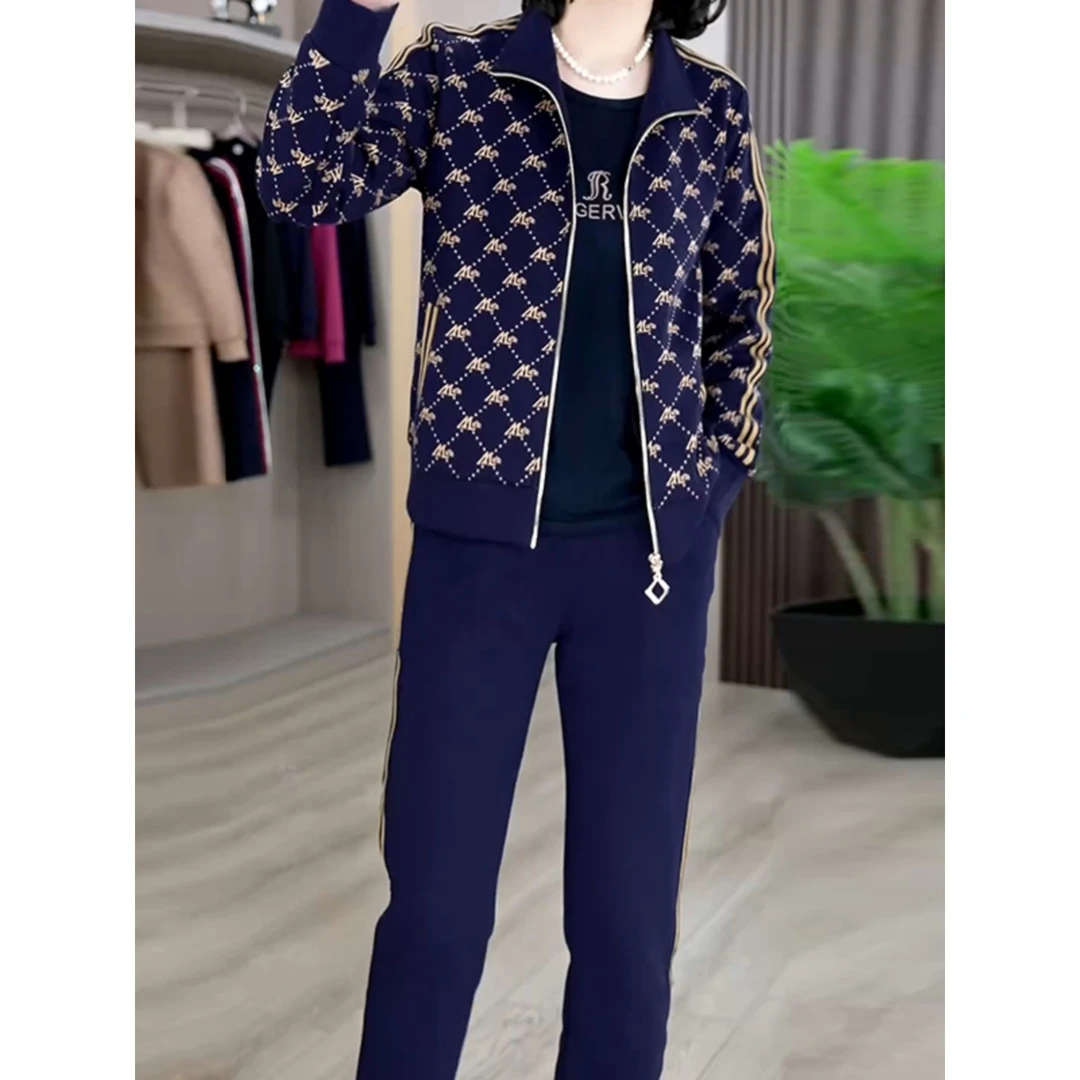 中老年运动套装女2024秋季洋气妈妈跑步宽松中年女休闲三件套减龄