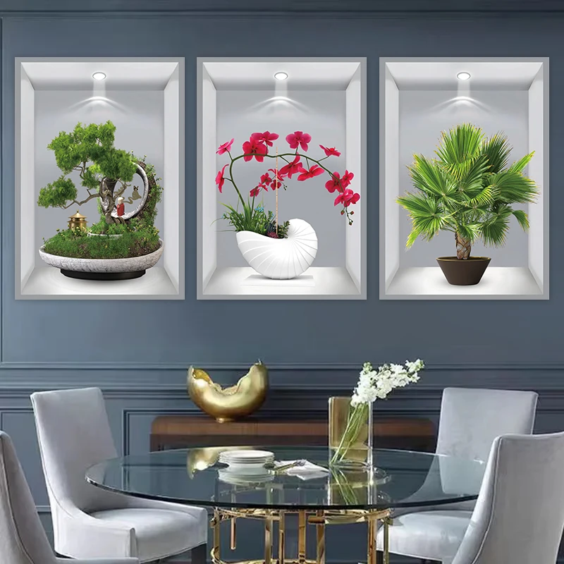 艺术植物三联画花卉盆栽自粘贴画过道楼梯装饰画宾馆餐厅墙纸壁画