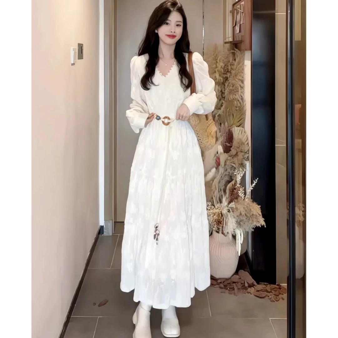 【冰美初恋】法式初恋温柔茶歇减龄显高V领腰带气质连衣裙