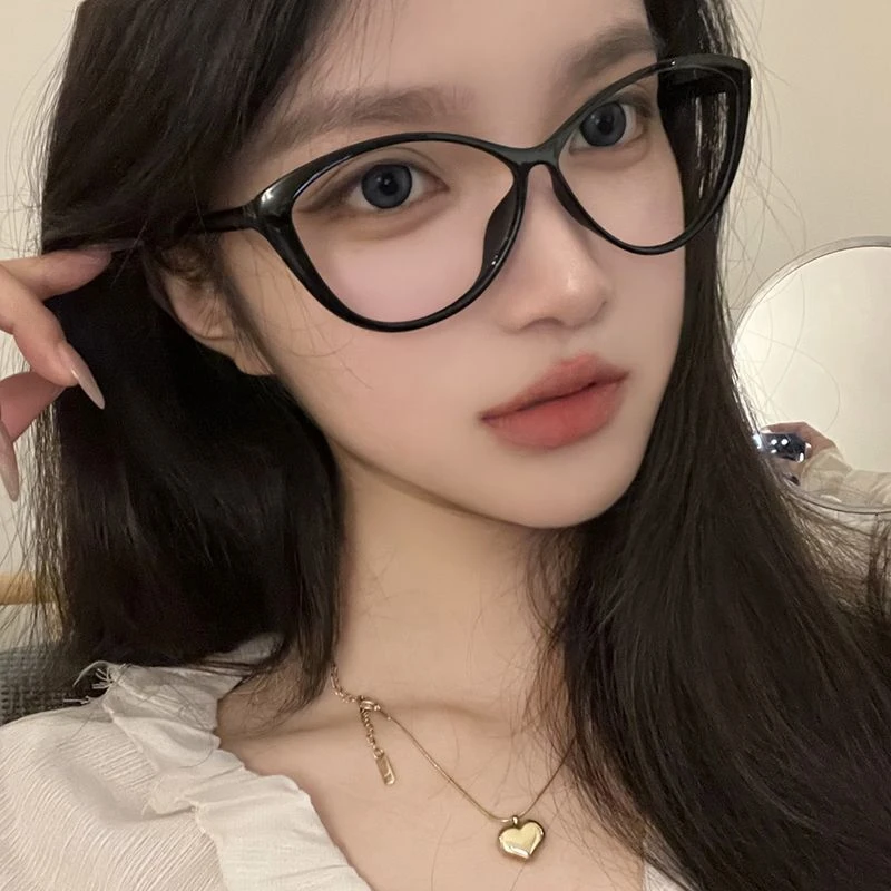 欧美辣妹猫眼近视眼镜框女Y2K复古黑框ins素颜神器平光镜圆脸显瘦