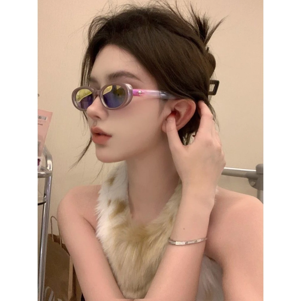 欧美椭圆形紫色小框窄辣gm妹墨镜小脸高级感复古防紫外线太阳眼镜