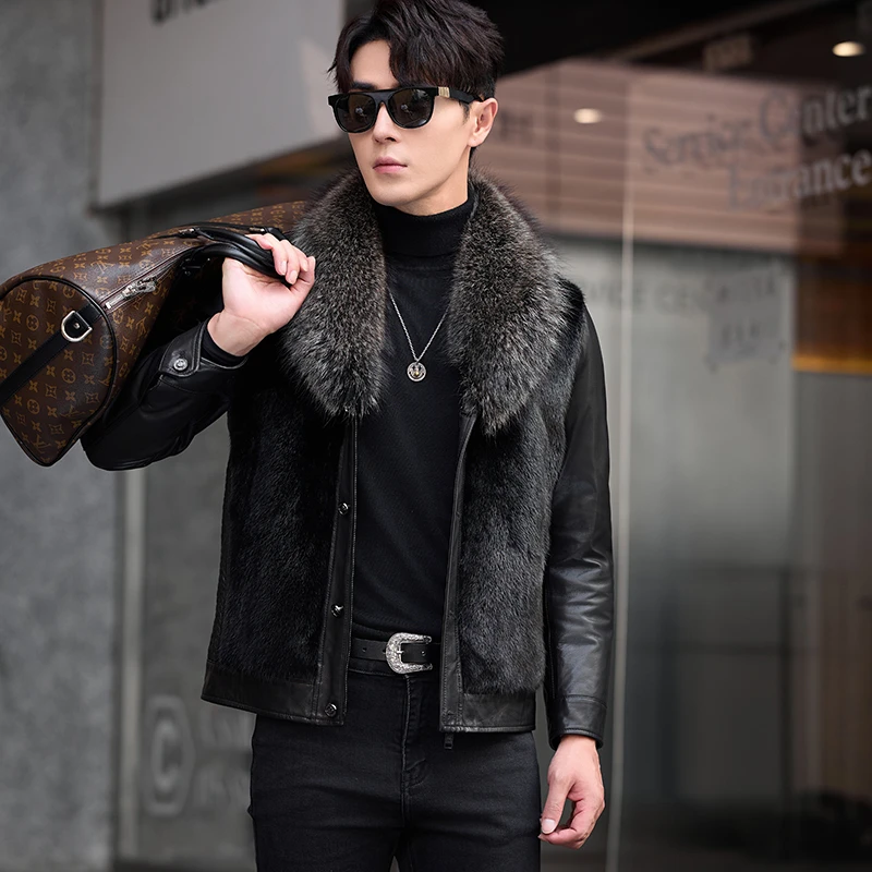 新款貂皮大衣男貉子毛领山羊皮羽绒服中青年皮夹克韩版皮草外套冬