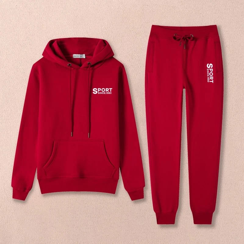 欧货纯棉休闲时尚加绒运动套装女2023秋冬新款连帽卫衣两件套高档