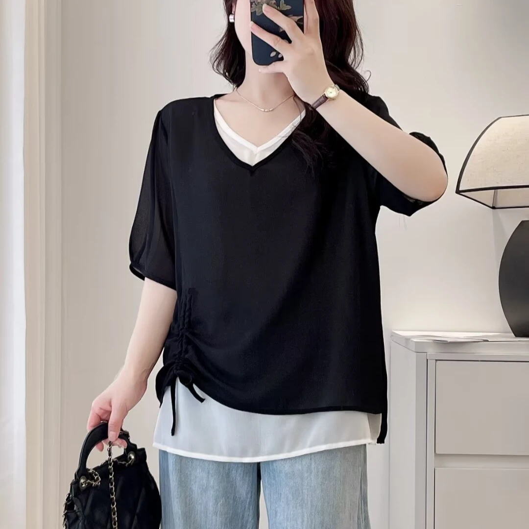 【潼潼专属】大码夏季新款显瘦下摆抽绳气质减龄假两件V领雪纺短袖