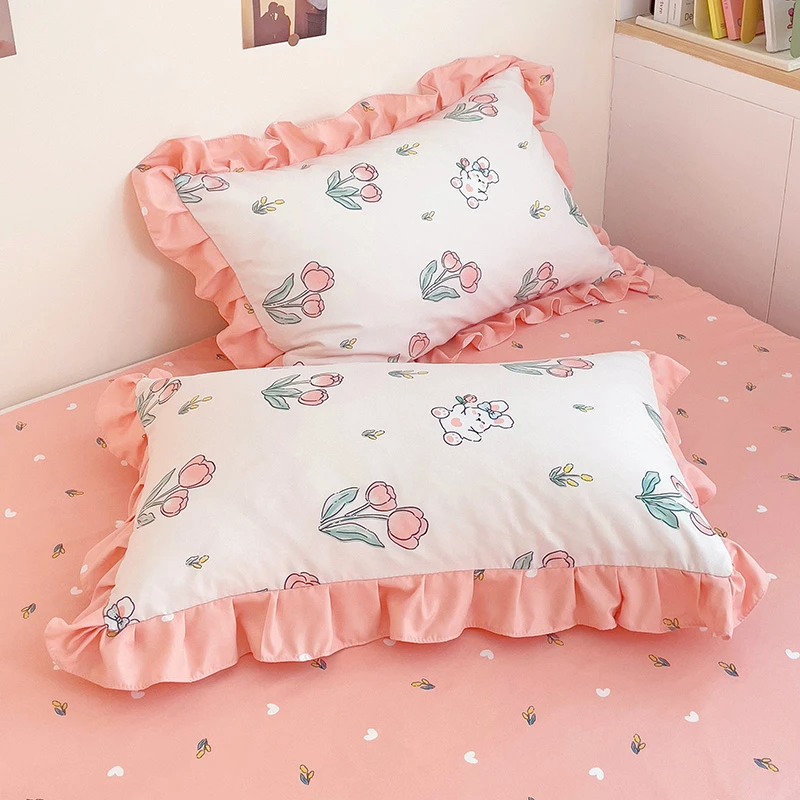 韩版公主风枕套一对装加厚磨毛花边成人家用碎花可爱卡通枕头套女