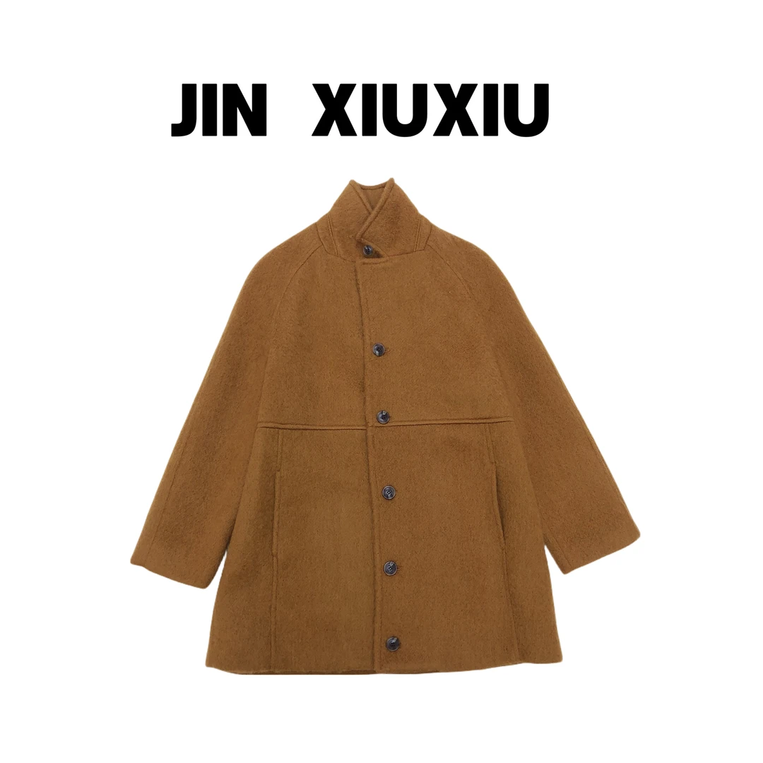 【金秀秀】【马海羊驼】1394韩国东大门新款驼色立领外套